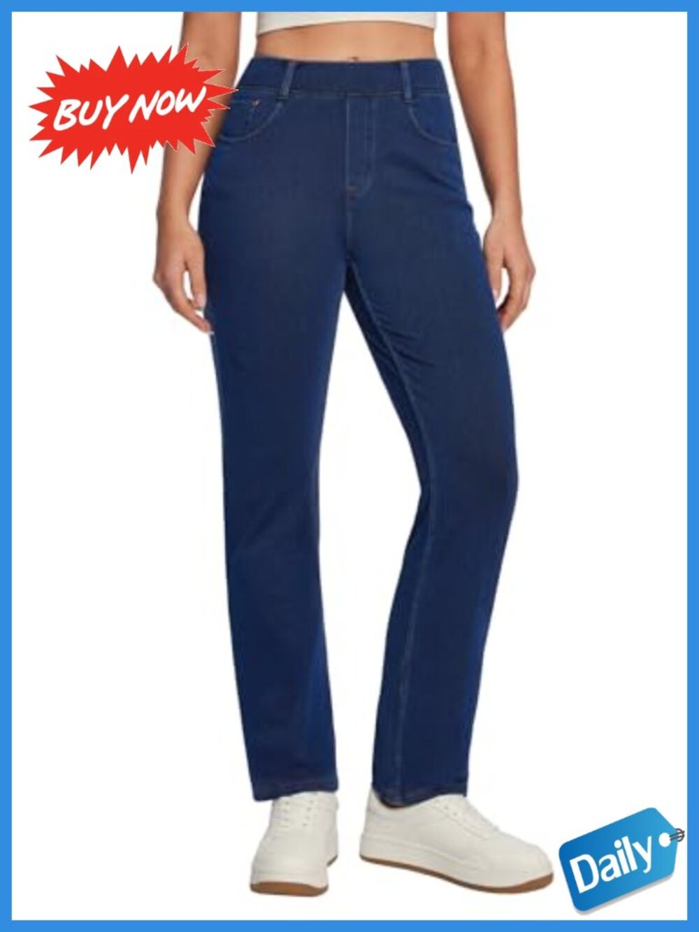 Straight Leg Pull On Jeans High Waisted Stretchy Denim Sweatpant Women